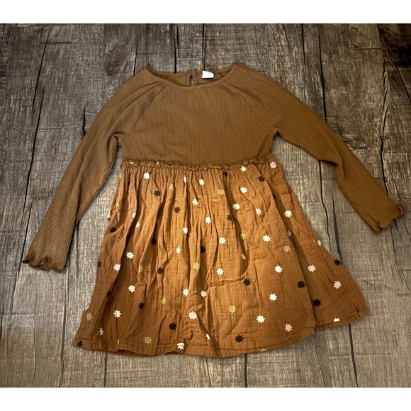 Old Navy Other - Old Navy Girls Brown Ribbed Star Print Long Sleeve Dress Size 4T